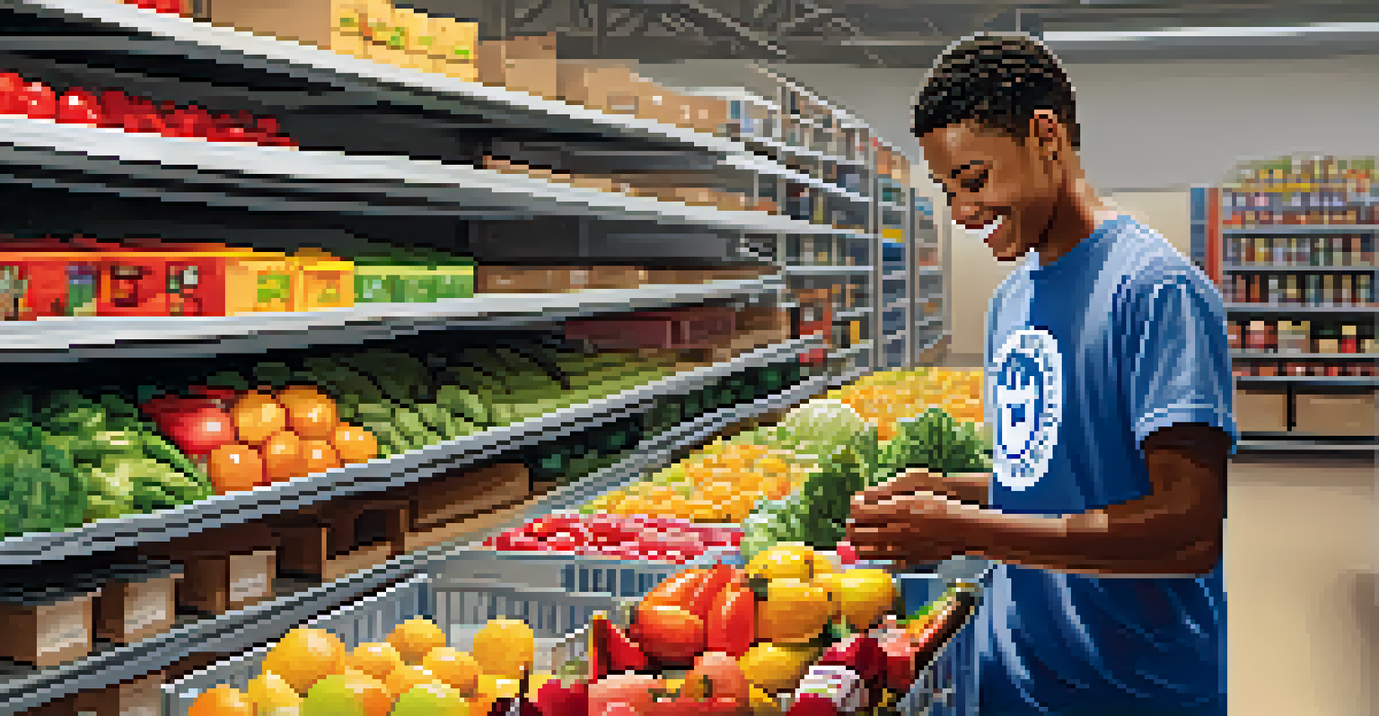 A volunteer sorting fresh produce at a food bank, with shelves of food items in the background.
