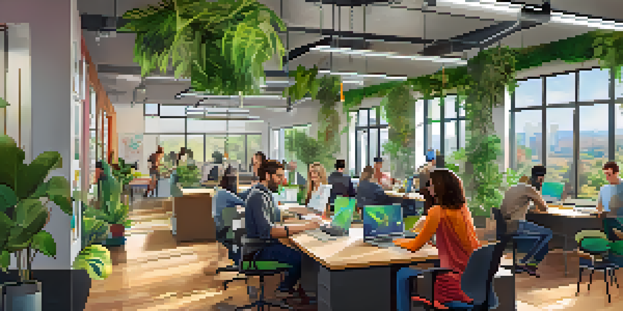 A lively coworking space in Austin with diverse individuals working together, bright natural lighting, and colorful decorations.