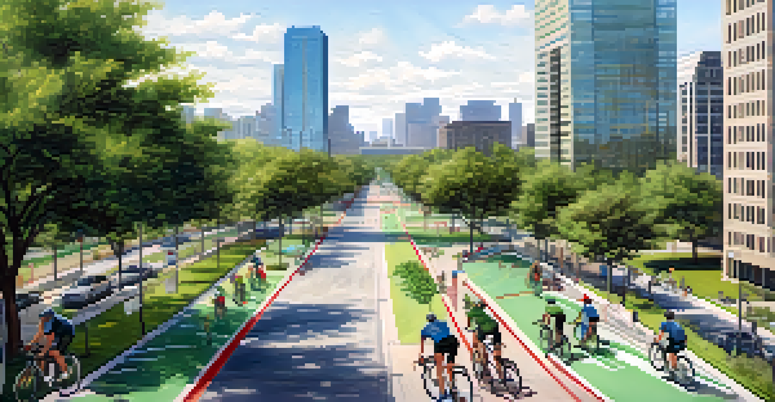 An aerial perspective of Austin showing new bike lanes and parks within the urban landscape, with cyclists navigating through the city.