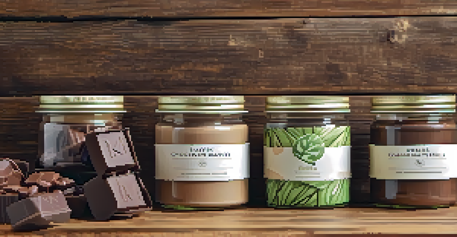 An eco-friendly packaging display with biodegradable wrappers and reusable containers for locally made products, set on a rustic wooden background.