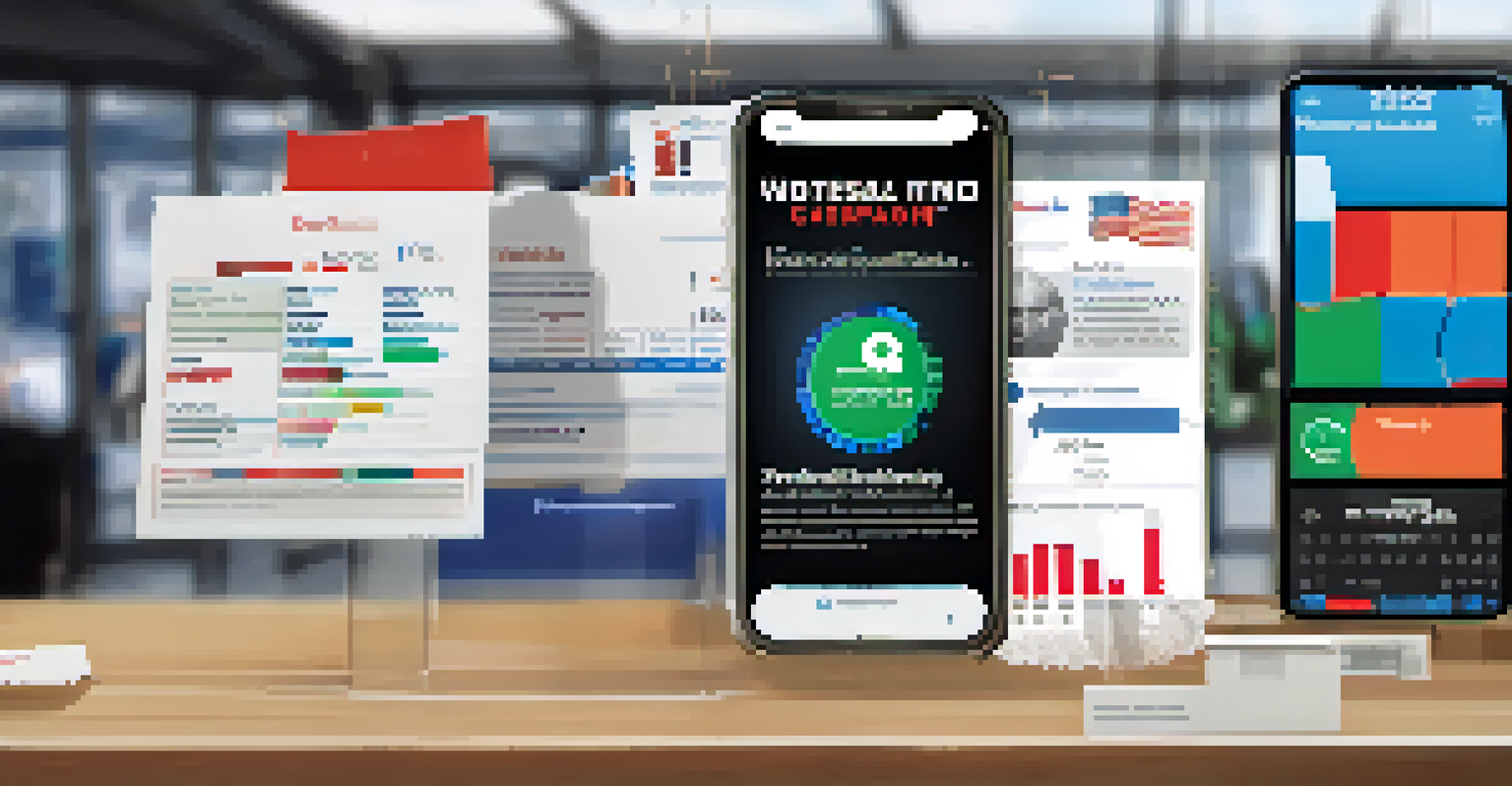 A smartphone showing a political campaign app with graphs, set in a modern office with campaign materials.
