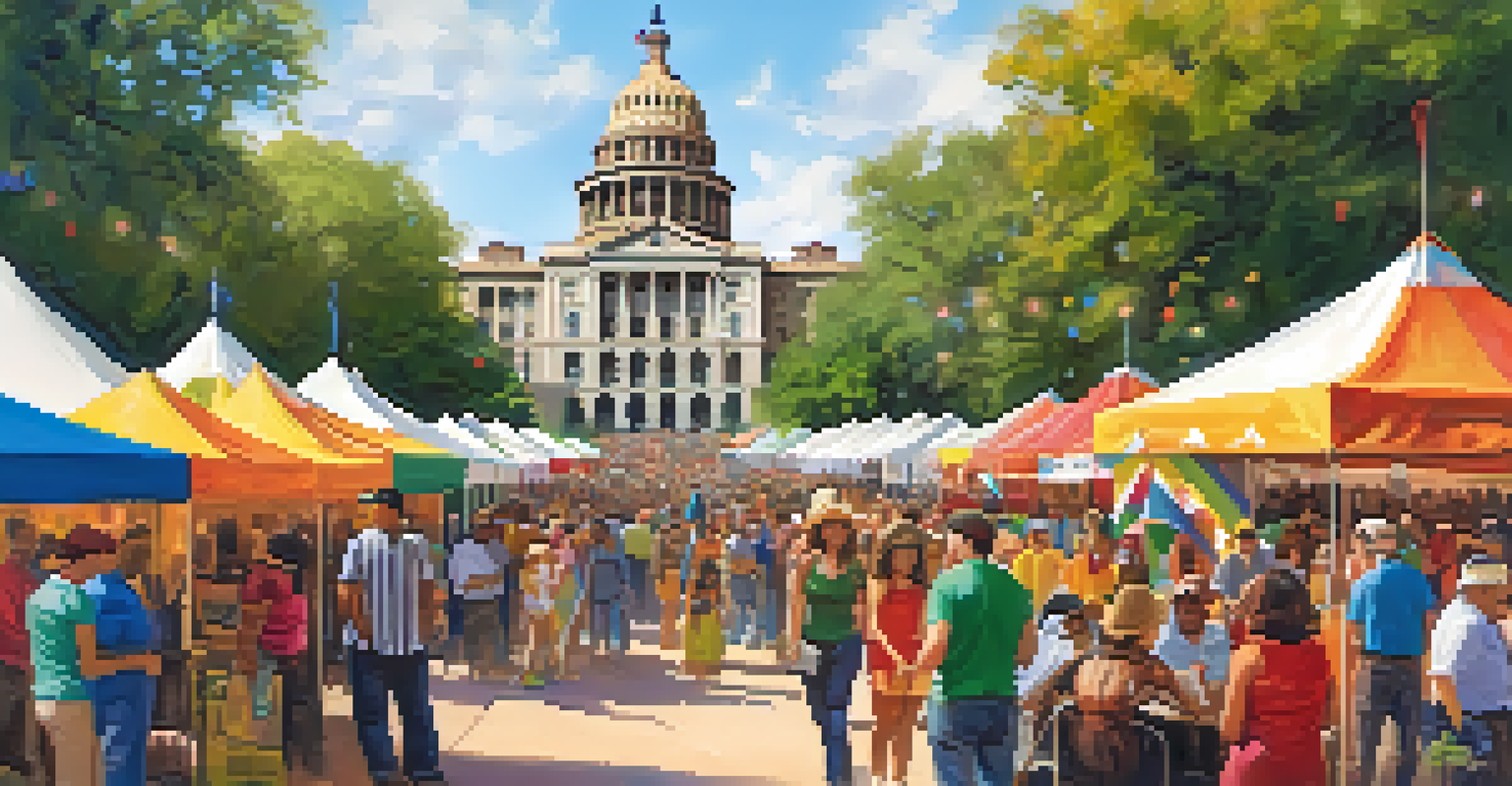 A cultural event at the Texas State Capitol, featuring diverse people, colorful banners, and performers with the Capitol in the background.