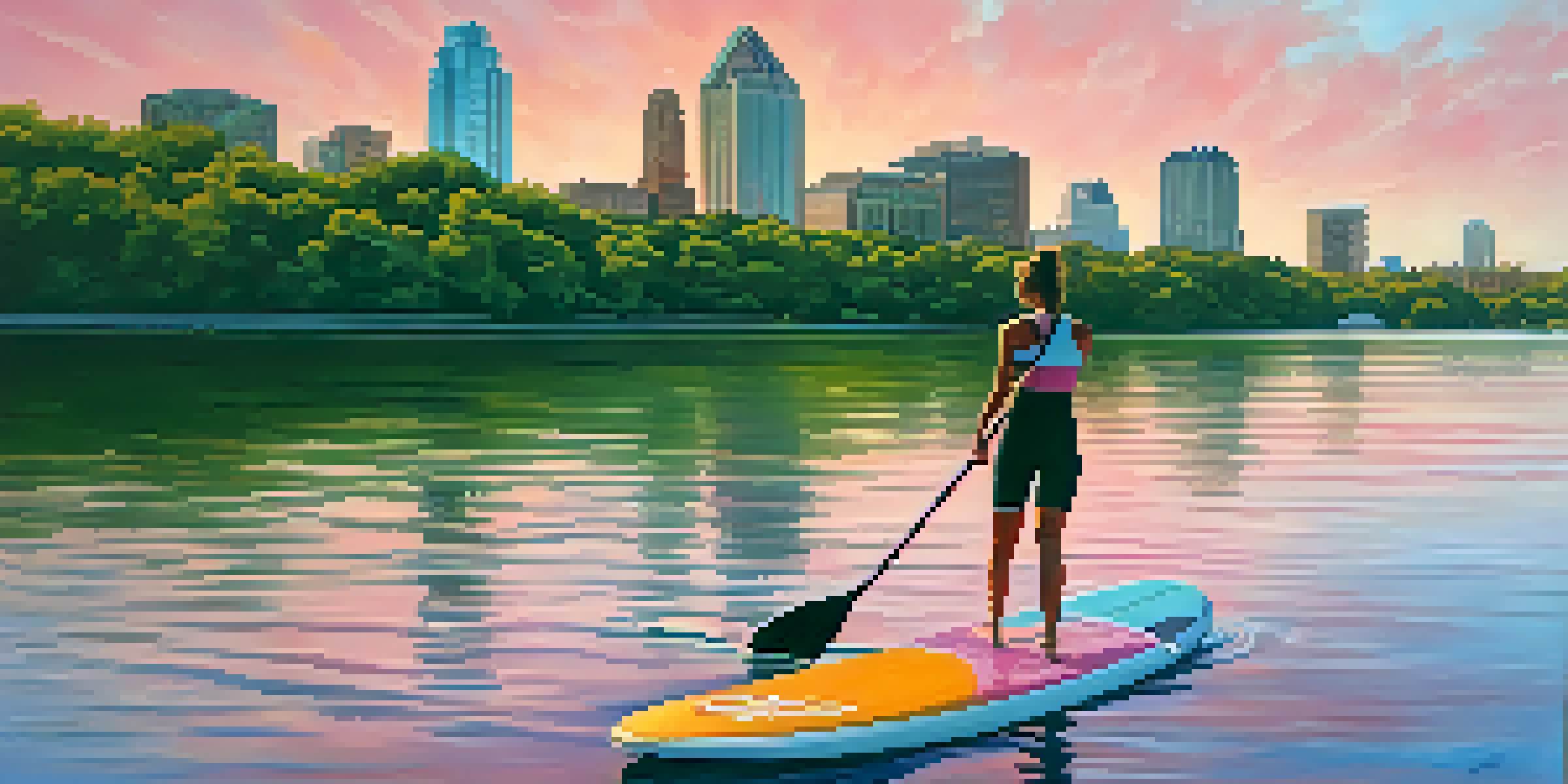 A person paddleboarding at sunset on Lady Bird Lake, with the Austin skyline and vibrant sky reflected in the water.
