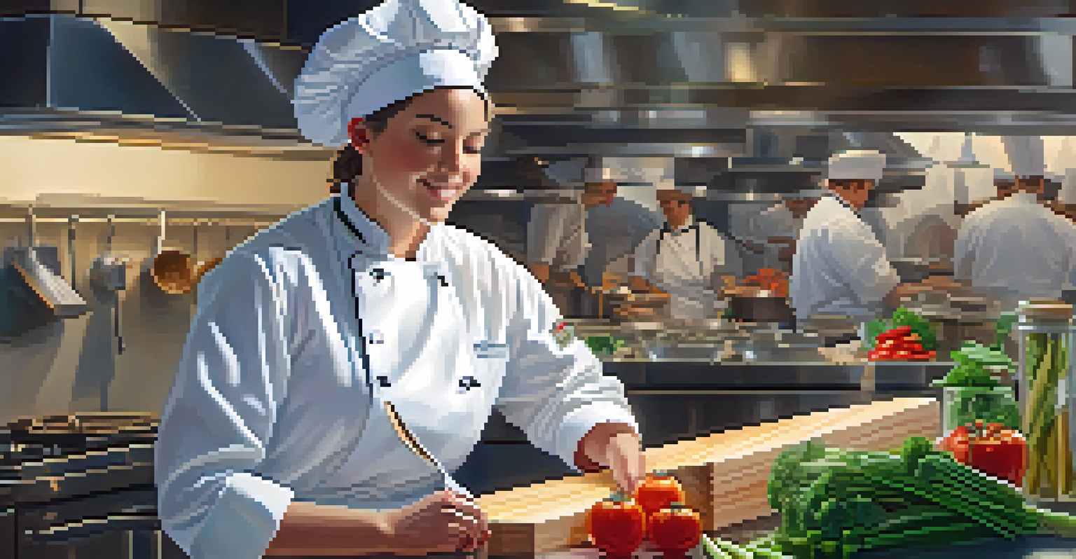 A chef chopping vegetables in a busy professional kitchen, with pots on the stove and coworkers around.