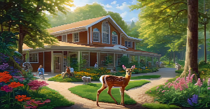 A wildlife rehabilitation center in a forest with a young deer, an owl, and volunteers providing care in warm sunlight.