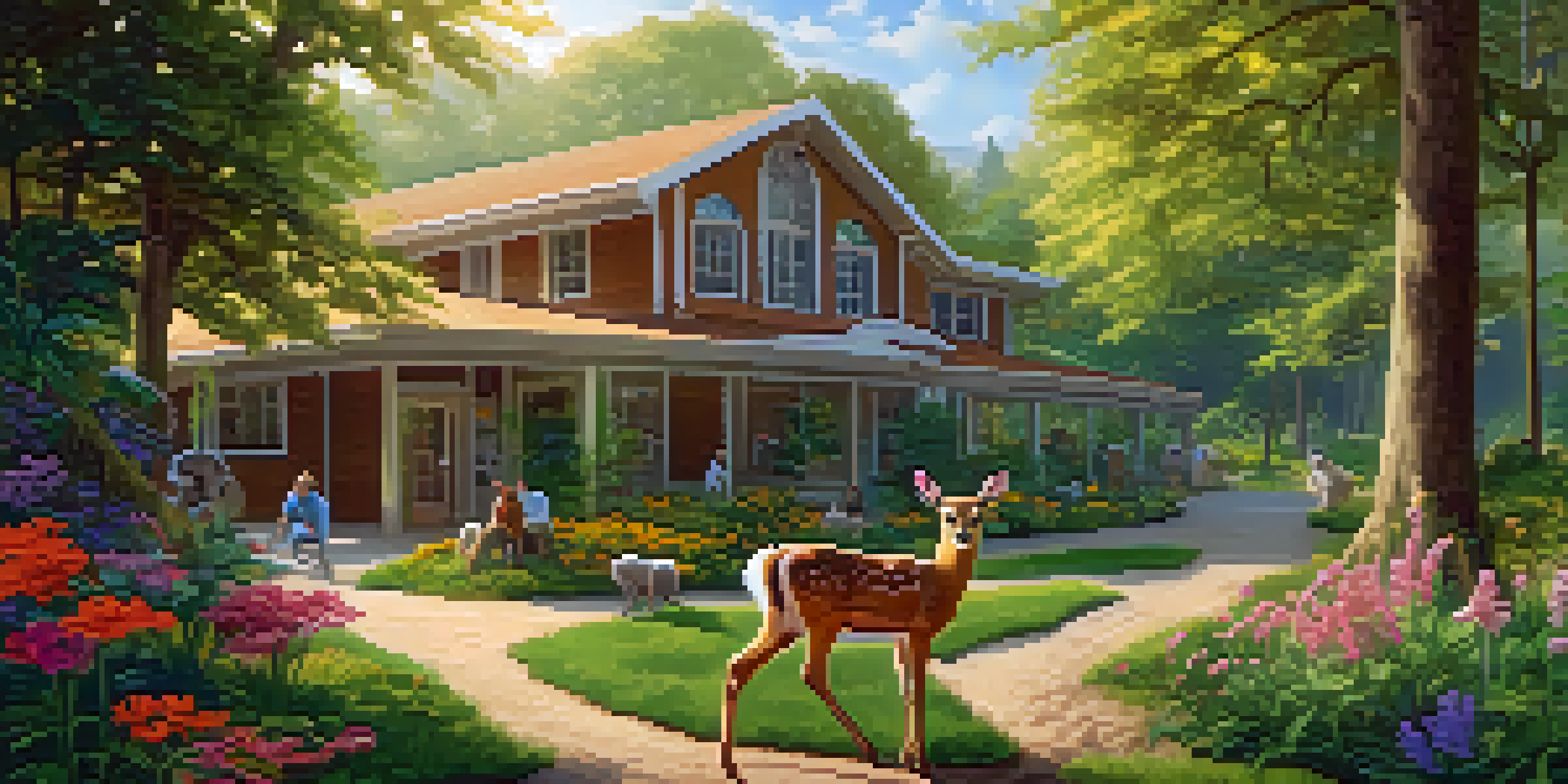 A wildlife rehabilitation center in a forest with a young deer, an owl, and volunteers providing care in warm sunlight.