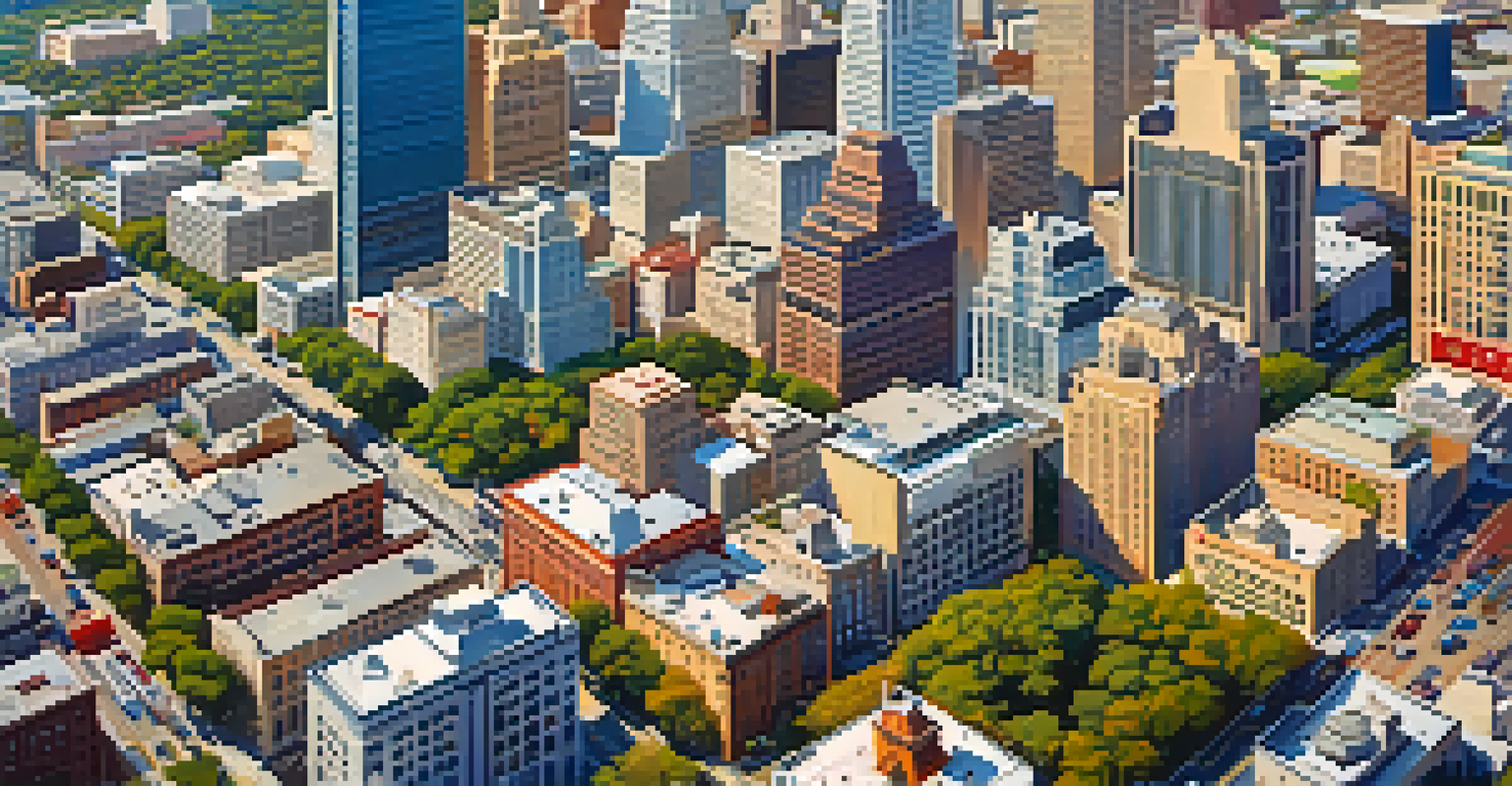 An aerial view of downtown Austin, Texas, featuring a mix of skyscrapers and historic buildings under a clear sky.