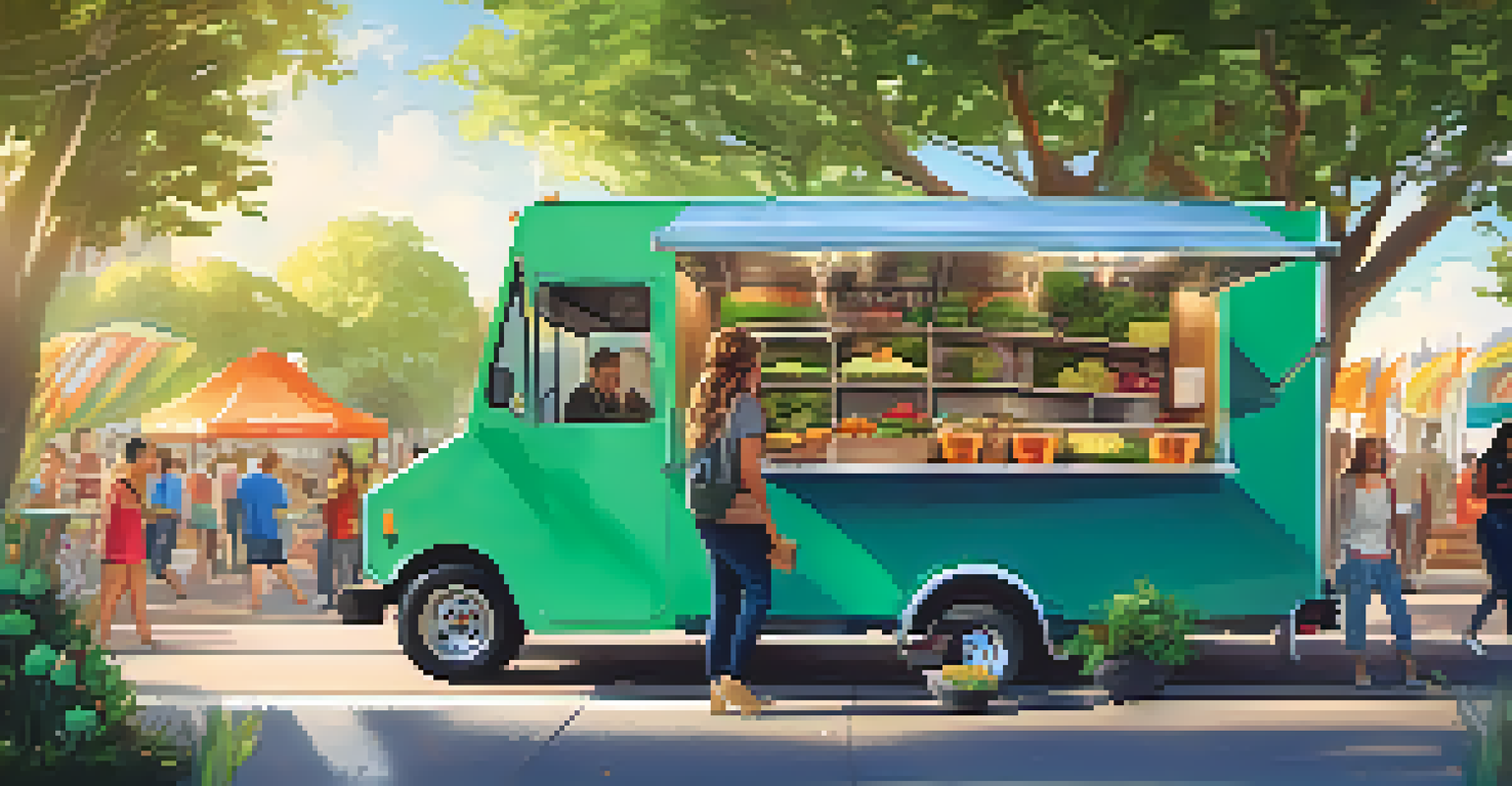 A modern vegan food truck surrounded by people enjoying fresh and colorful plant-based dishes in a park.