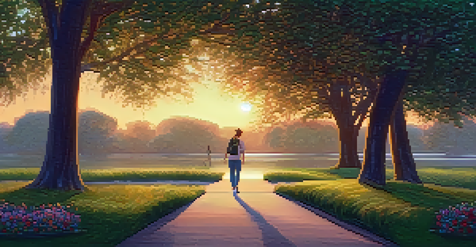 A tranquil park landscape in Austin at sunset with a walking path, blooming flowers, and individuals meditating, reflecting a peaceful atmosphere.