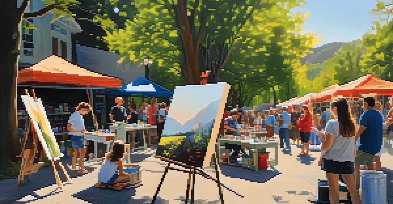 An outdoor art workshop with artists painting on canvases surrounded by nature and sunlight.