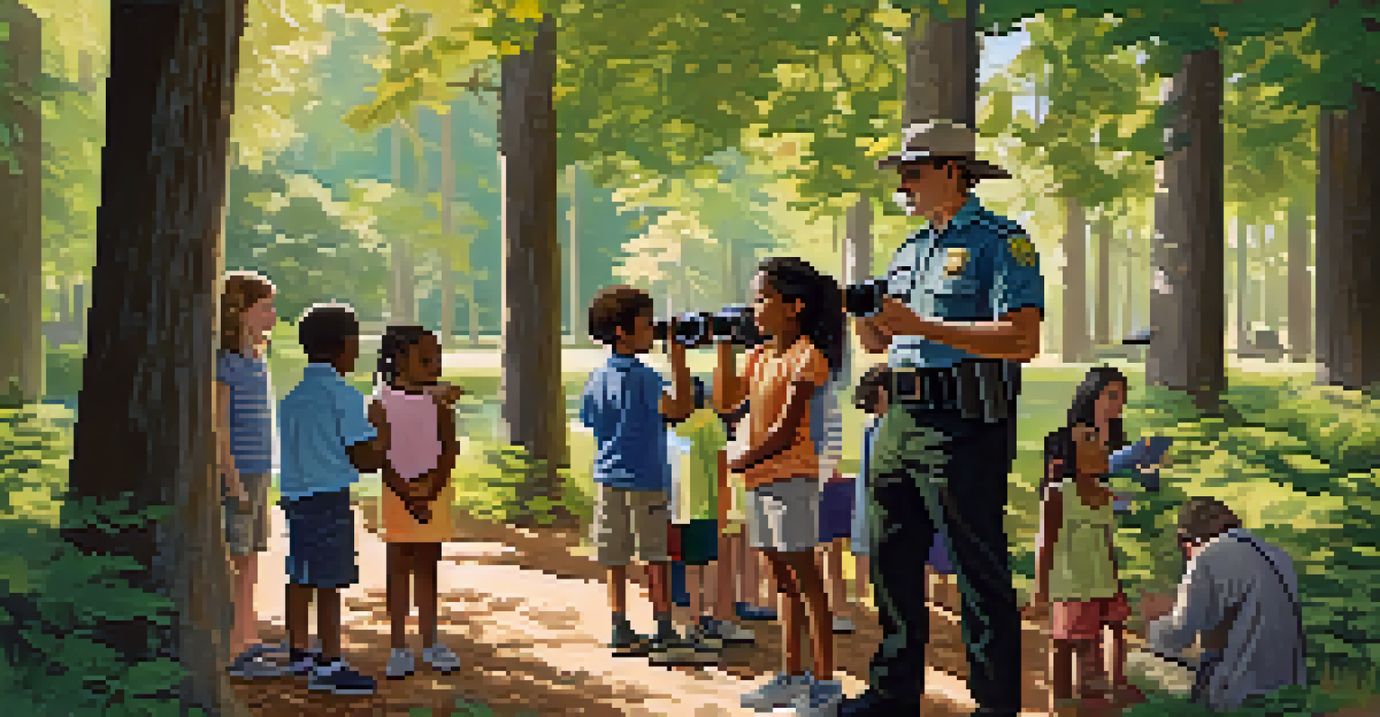 Families participating in a birdwatching event in a park, with a park ranger teaching children under the trees.