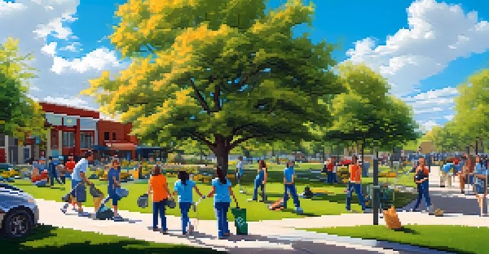 A sunny community park in Austin filled with diverse volunteers participating in a clean-up, planting flowers, and enjoying each other's company.