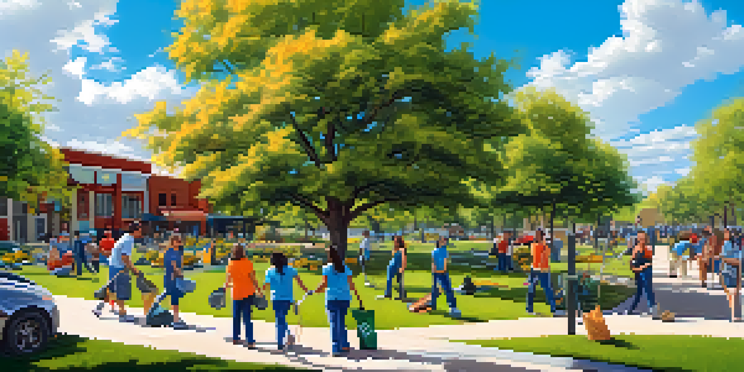 A sunny community park in Austin filled with diverse volunteers participating in a clean-up, planting flowers, and enjoying each other's company.
