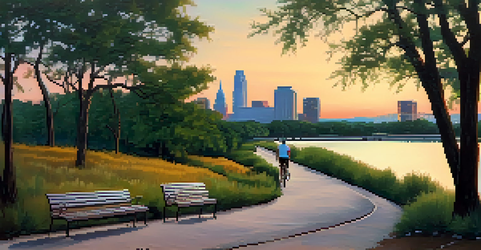 A peaceful twilight view of the hike-and-bike trail along the Colorado River with Downtown Austin's skyline in the background.