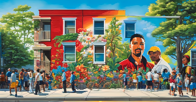 A colorful mural of local heroes on a wall, with community members looking at it in a vibrant urban setting filled with trees and flowers.