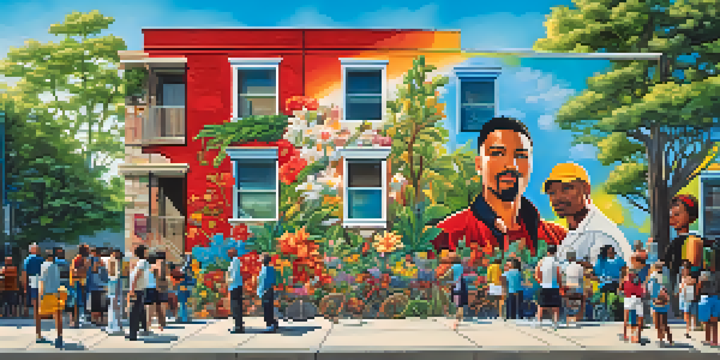 A colorful mural of local heroes on a wall, with community members looking at it in a vibrant urban setting filled with trees and flowers.