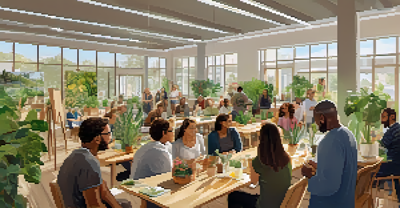 A community workshop in Austin with residents learning about sustainability, surrounded by plants and eco-friendly materials.