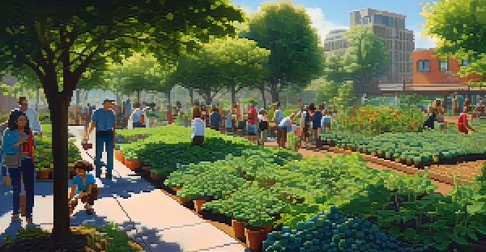 An urban food forest bustling with diverse individuals planting and harvesting fruit trees and berry bushes under sunlight.