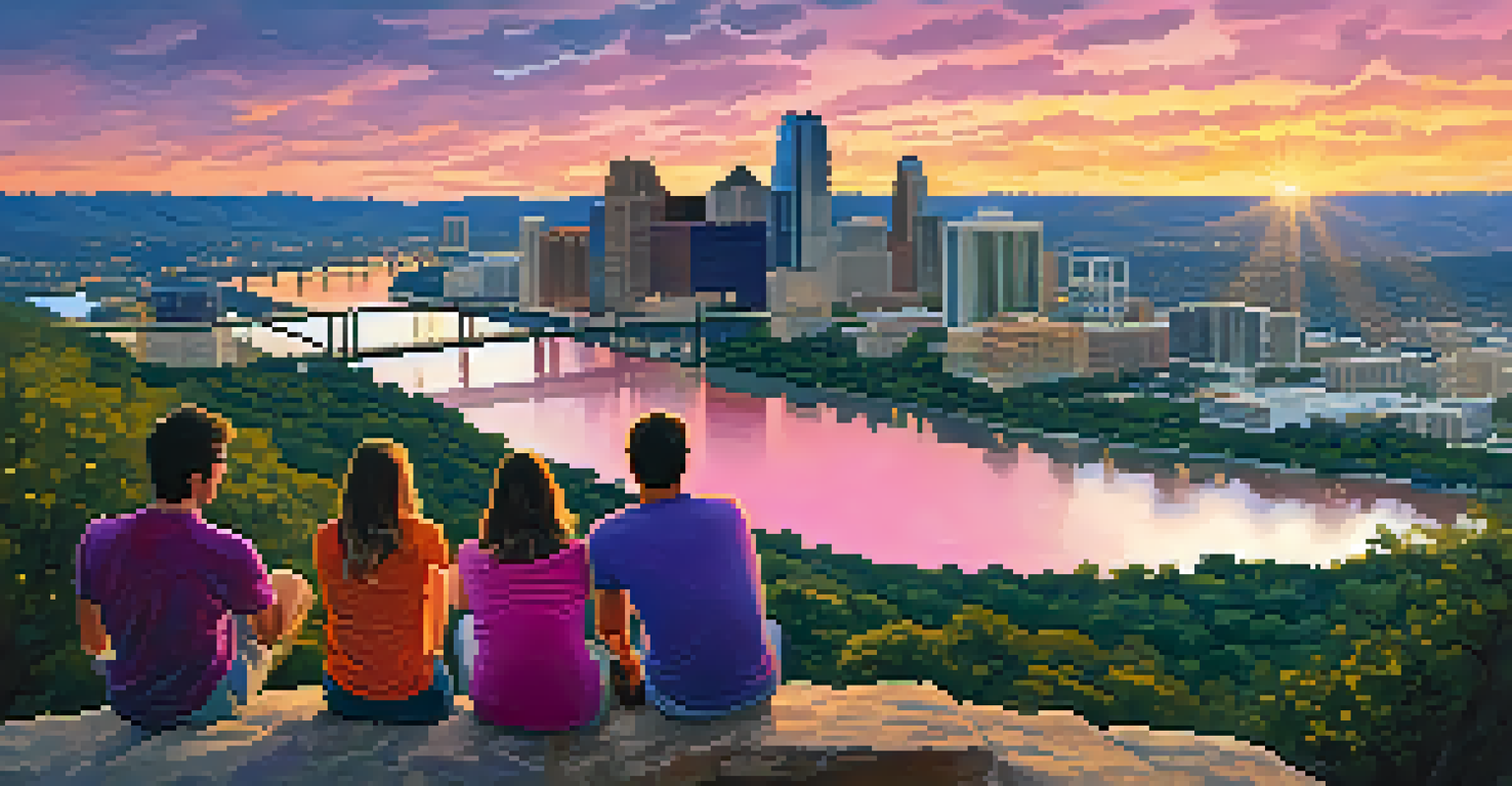 A sunset view from Mount Bonnell with the Austin skyline and Colorado River in the background, featuring silhouetted hikers.
