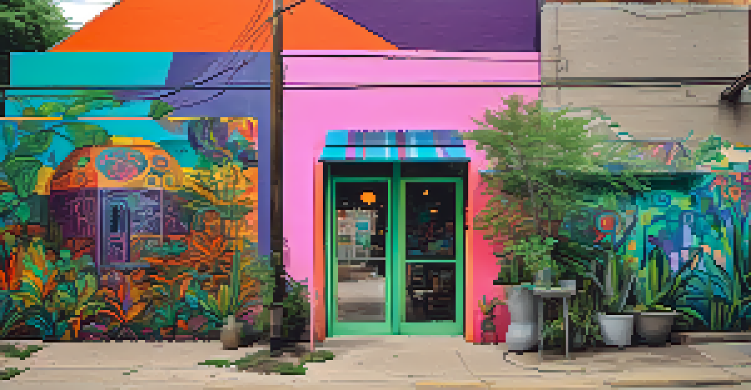 A colorful alleyway in East Austin filled with large murals and greenery, with people exploring the art.