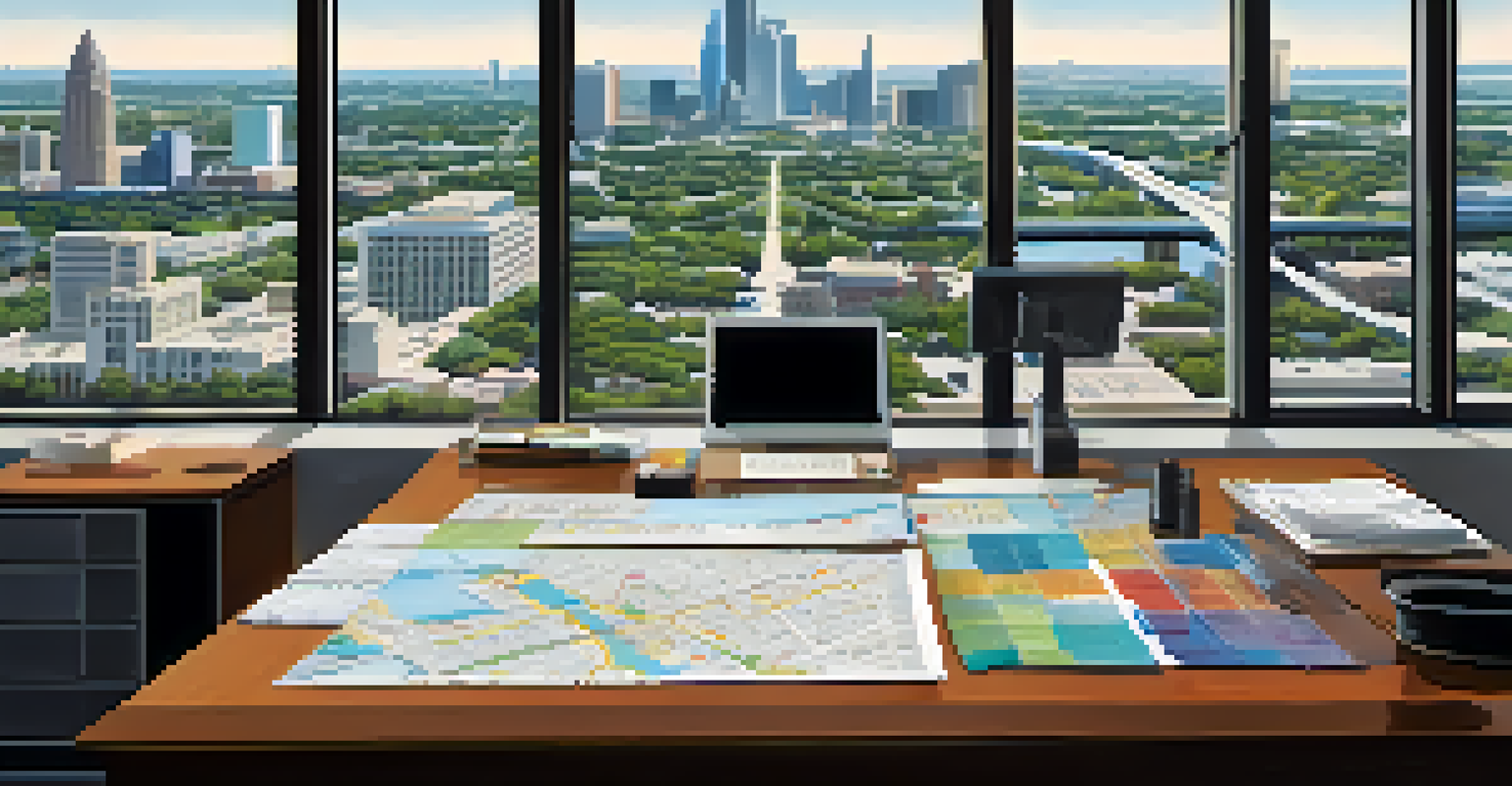 A desk filled with zoning maps and architectural designs, with a computer and a view of Austin's skyline through the window.