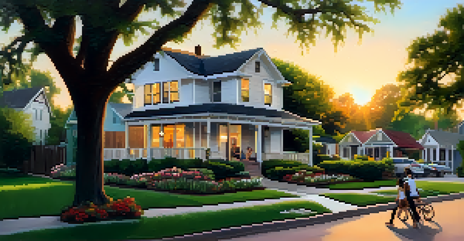 A tranquil scene in Clarksville, Austin, showcasing historic bungalows surrounded by gardens at sunset.