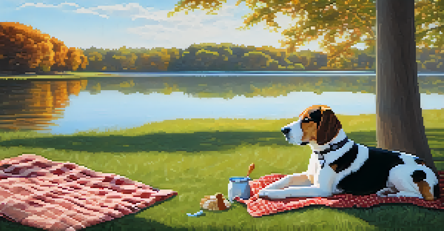 A beagle sitting beside a picnic basket on a blanket in a park next to a lake.