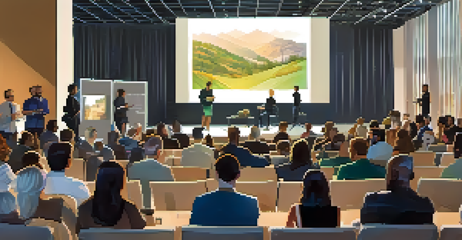 A close-up view of a startup pitch event, with entrepreneurs presenting ideas to investors on a well-lit stage, showcasing a large screen and an engaged audience.