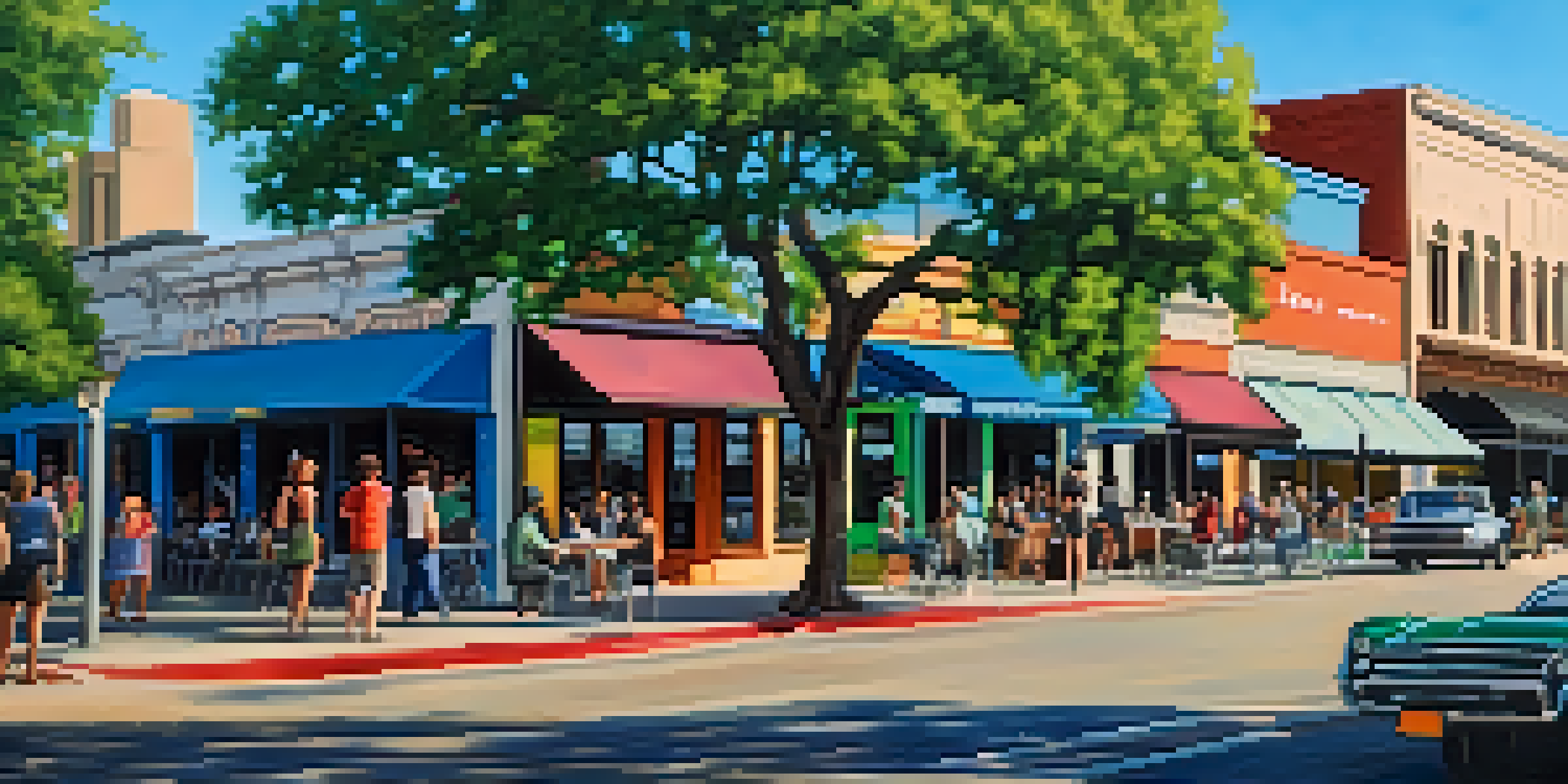 A lively street scene in Austin with colorful murals, cafes, and people enjoying the sunny day, with the Texas State Capitol in the background.