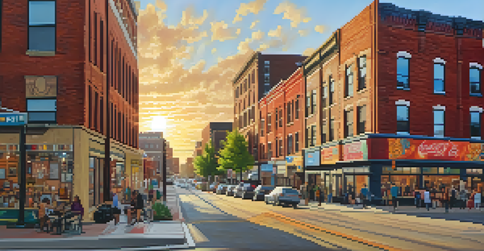 A bustling street in North Loop featuring colorful murals, eclectic shops, and people enjoying the vibrant atmosphere during sunset.