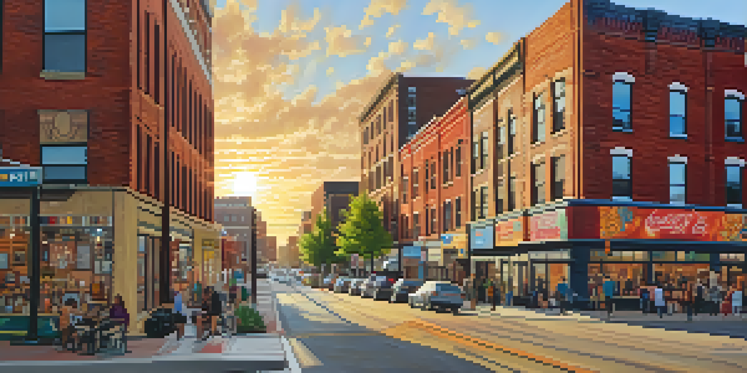 A bustling street in North Loop featuring colorful murals, eclectic shops, and people enjoying the vibrant atmosphere during sunset.