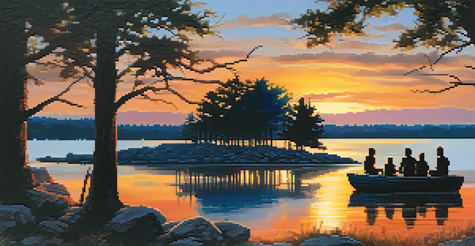 A group of friends gathered around a campfire at Lake Georgetown during sunset, with the lake reflecting colorful skies and silhouettes of trees.