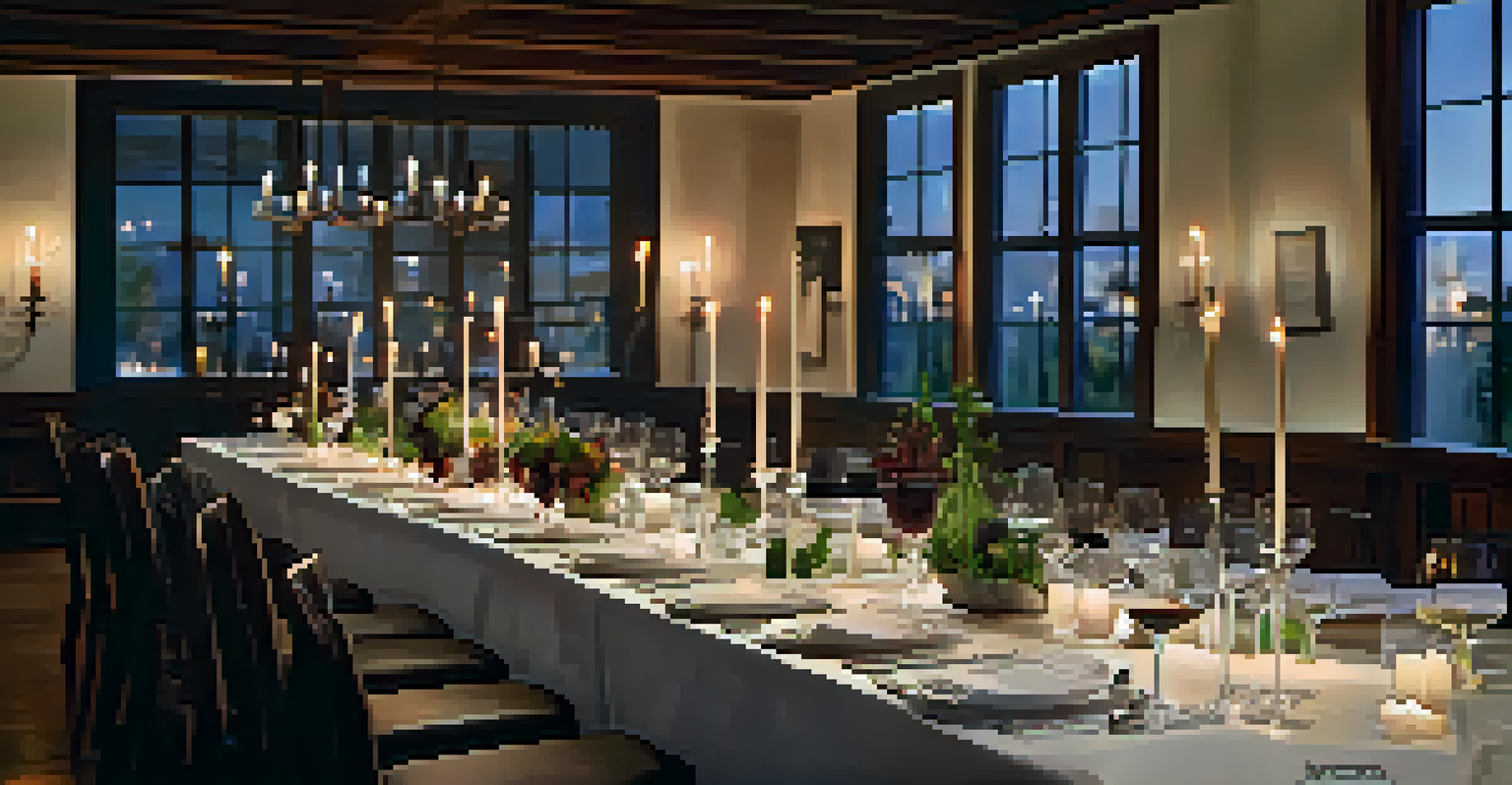 An elegant wine and food pairing class with a long table set for tasting, featuring glasses of red wine and gourmet dishes.