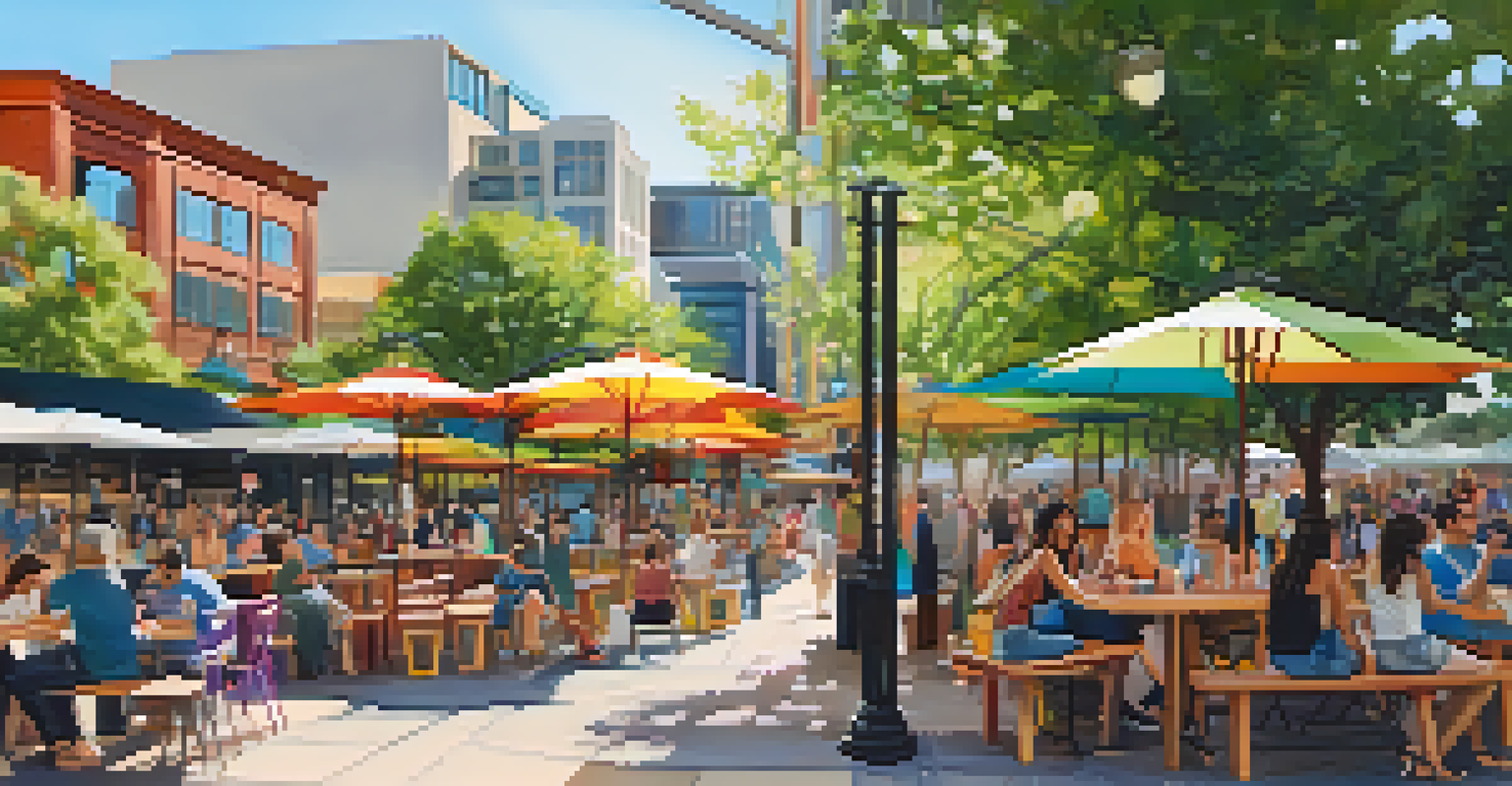 A lively pedestrian plaza in Austin with people enjoying outdoor activities, food trucks, and art, emphasizing community engagement and sustainability.