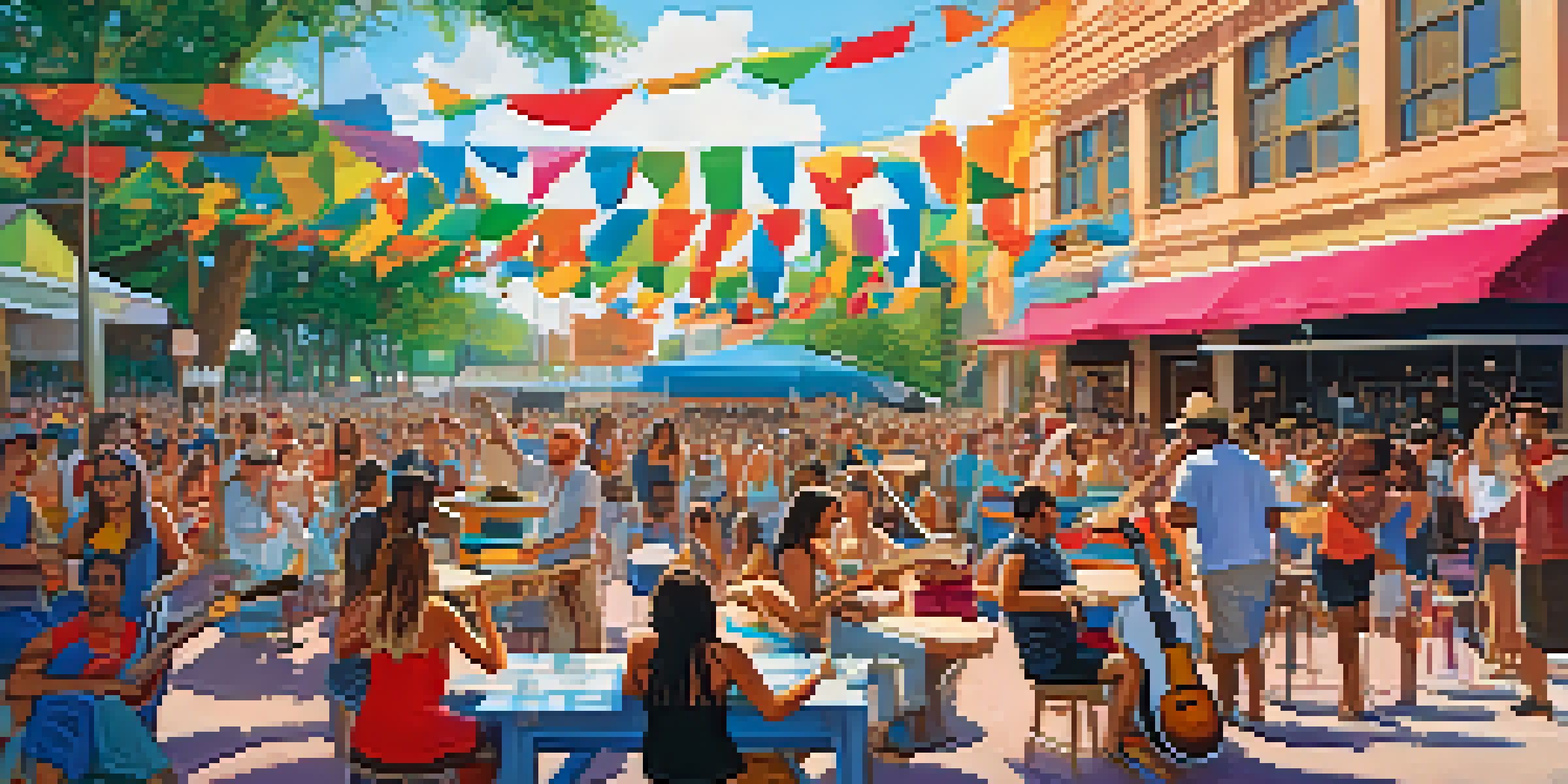 A colorful outdoor music festival in Austin with musicians performing on stage and a diverse crowd enjoying the atmosphere.