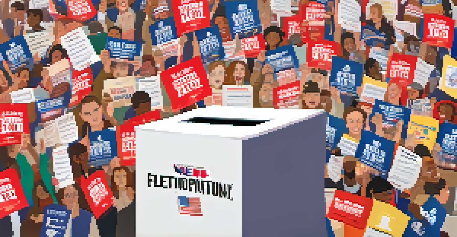 A ballot box on election day surrounded by campaign flyers and voters in line, showcasing a vibrant atmosphere of civic engagement.