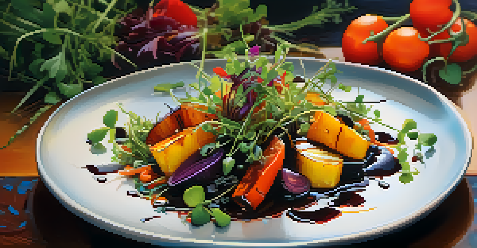 A beautifully plated gourmet vegan dish showcasing colorful roasted vegetables and microgreens.