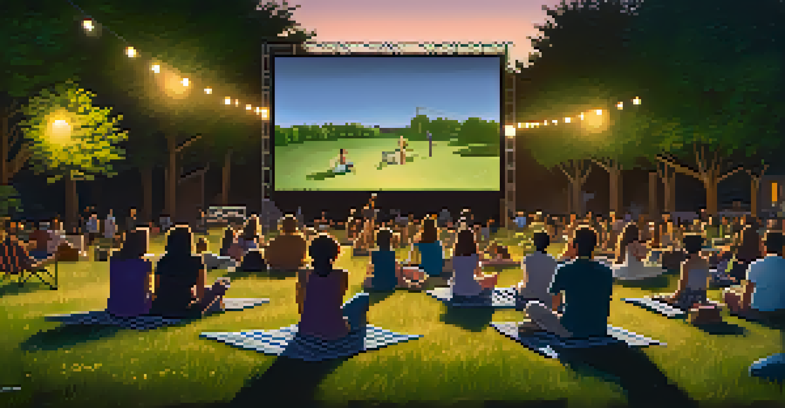 An outdoor summer movie screening in a park in Austin, featuring families and friends on picnic blankets watching a film on a large screen, illuminated by string lights.