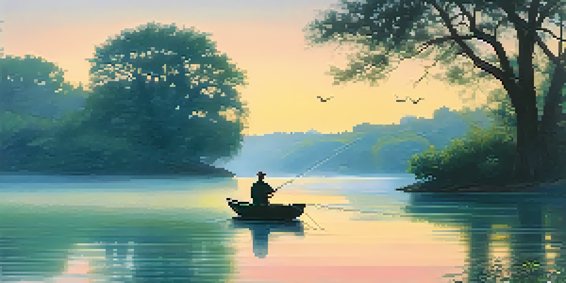 A fisherman casting his line from a small boat on Lady Bird Lake at sunrise, with reflections on the water and surrounding greenery.