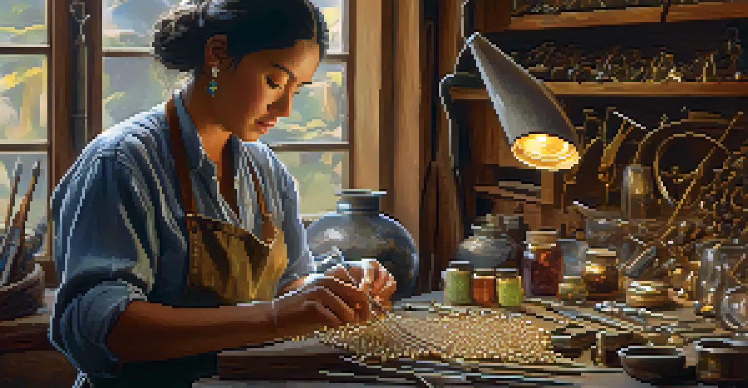An artisan working in their workshop, crafting jewelry with various tools and gemstones in a warm-lit environment.
