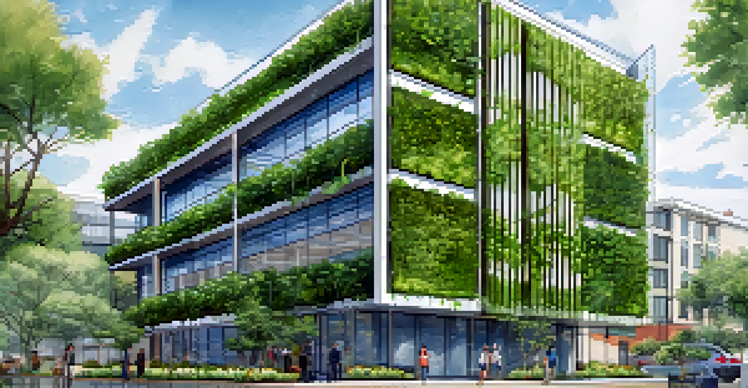 A sustainable building in Austin with green architecture, solar panels, and a permeable pathway in the foreground.