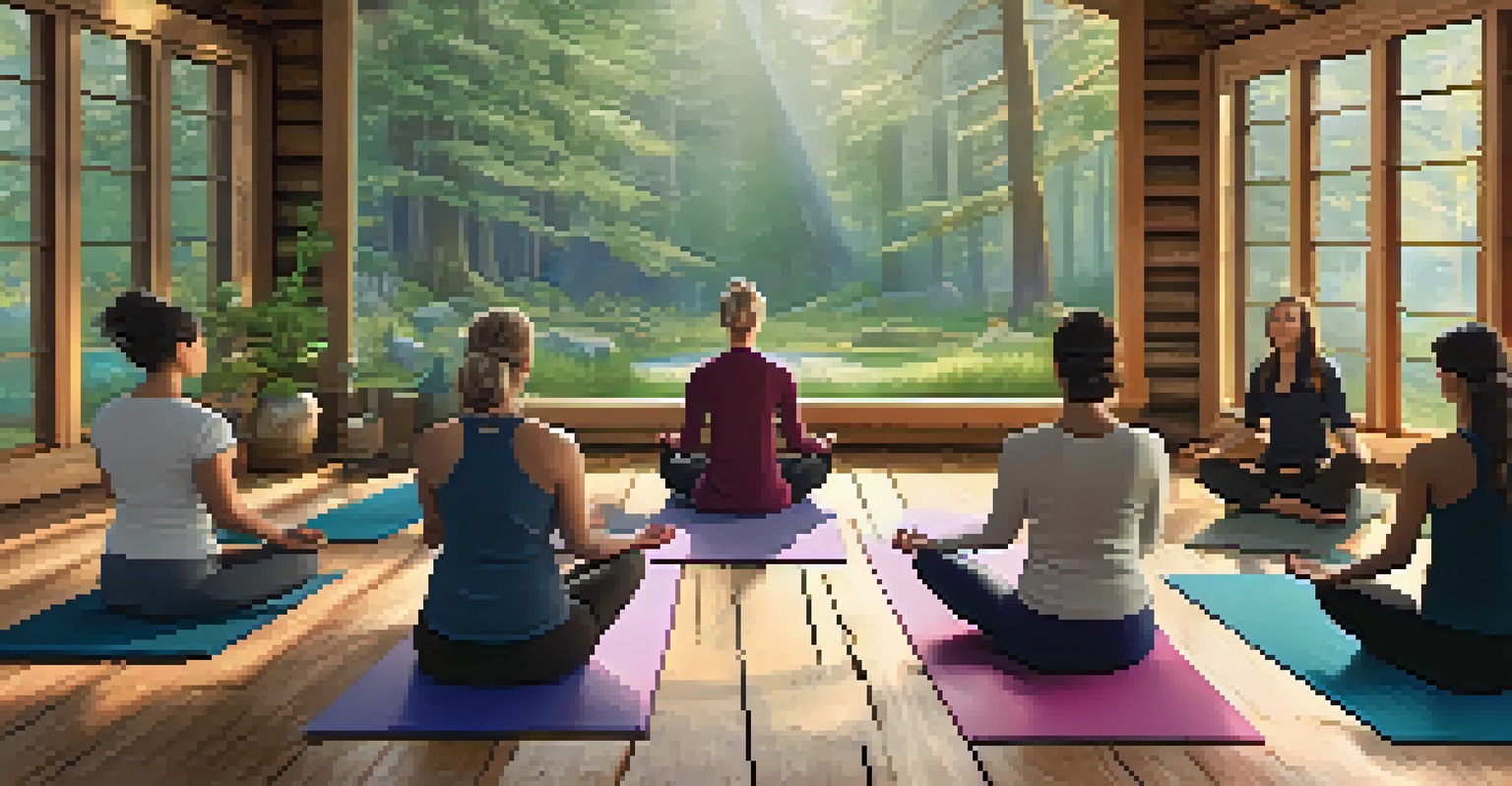 Participants engaged in a mindfulness meditation session inside a rustic cabin surrounded by nature.