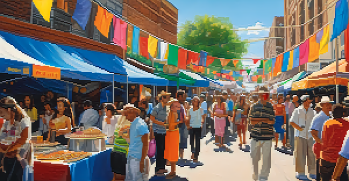 A lively street scene in Austin featuring a diverse crowd celebrating during a cultural festival, with colorful decorations and food stalls.