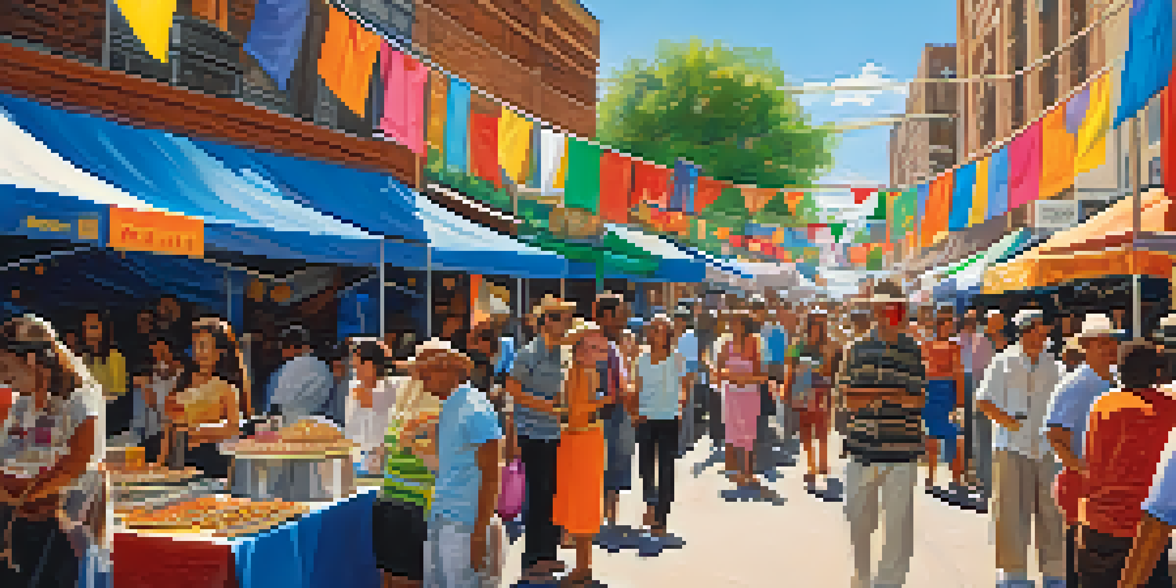A lively street scene in Austin featuring a diverse crowd celebrating during a cultural festival, with colorful decorations and food stalls.