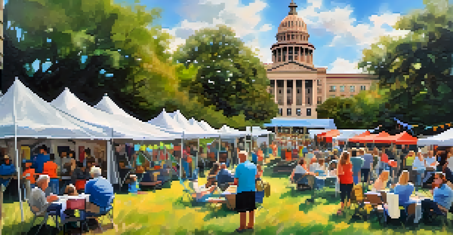 Visitors enjoying the Texas Book Festival with author readings and children's activities in front of the Texas State Capitol.
