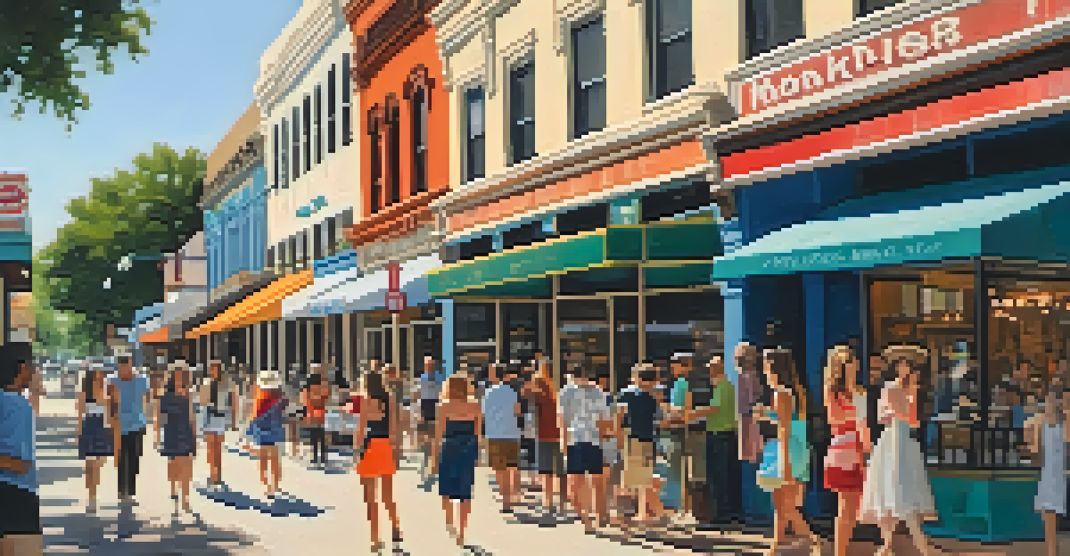 A busy South Congress Avenue with historic buildings turned into shops and cafes, filled with people.