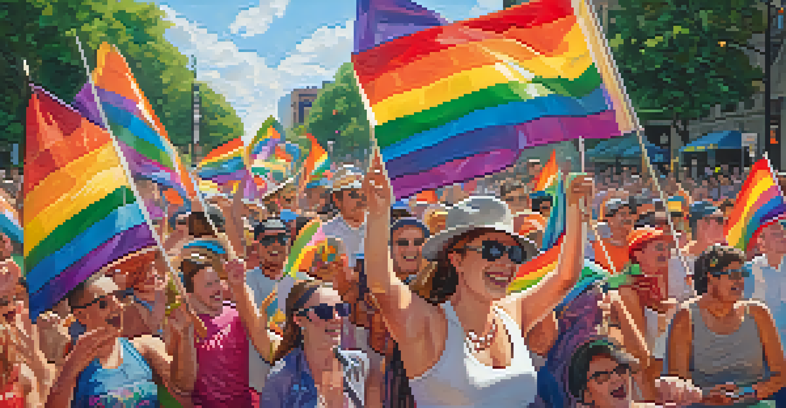 A lively parade scene from the Austin Pride Festival, showcasing participants in colorful costumes and rainbow flags, celebrating diversity and joy.