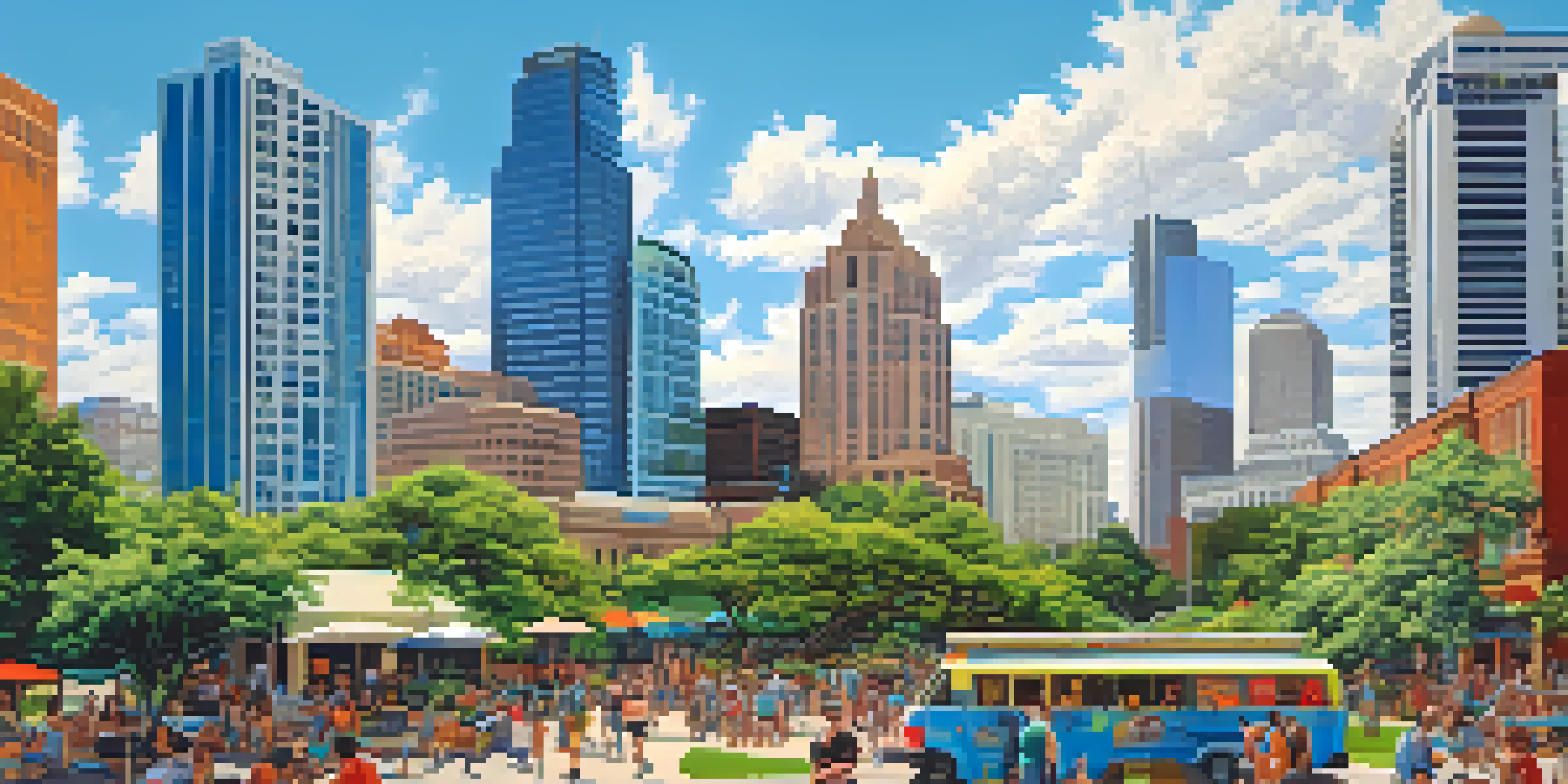 A panoramic view of downtown Austin with modern buildings, parks, and people enjoying outdoor activities.