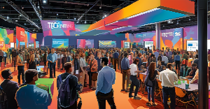 A vibrant tech conference in Austin with attendees discussing AI innovations, colorful banners, and interactive displays.