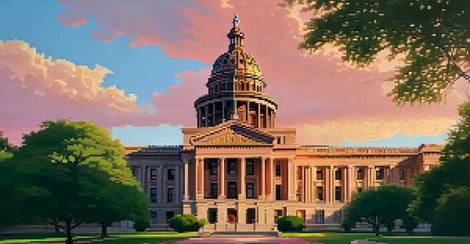 A picturesque view of the Texas State Capitol building illuminated by the warm golden hour light, surrounded by green trees and a colorful sky.